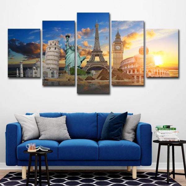 5 Pannel Monument Eiffel Tower Statue Statue ATTRACTIONS HD Pictures toile PEINTURE Affiches Paysage pour le salon Décor sans cadre