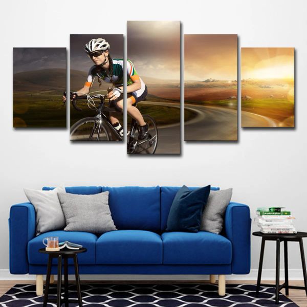5 paneles de carretera Ciclismo de bicicleta de ciclismo Arte de pared Sunset Posters y estampados de montaña de bicicletas para la sala de estar de gimnasia sin marco