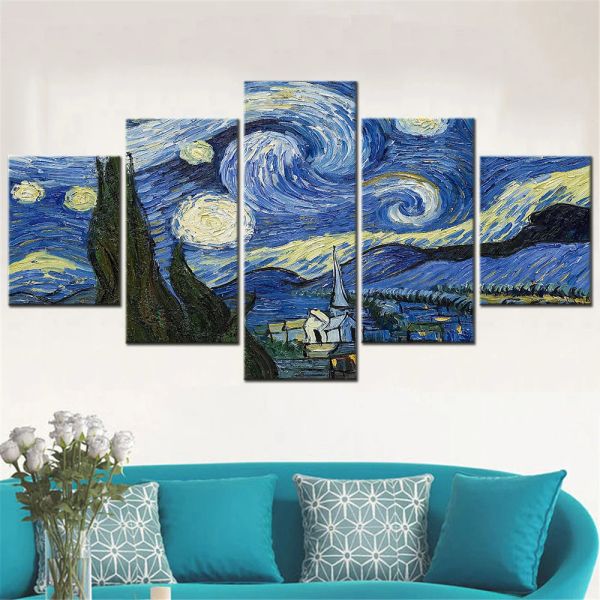 5 paneles de arte de arte de pared set abstracto starry nocturna de la noche por van gogh decoración de la habitación estética póster pintura de pared de dormitorio