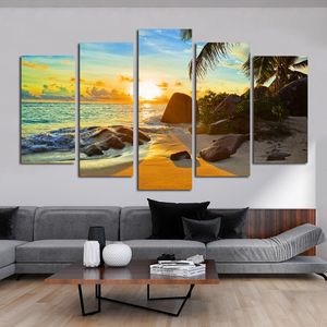 Affiches et imprimés de paysage de plage, 5 panneaux, peinture sur toile, coucher de soleil sur la mer, images d'art murales de grande taille pour décoration de salon et de maison