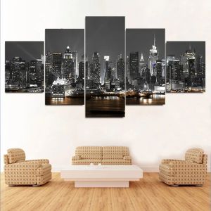 5 Panelen Canvas Schilderij Wall Art New York City Bouw Landschap Foto's Prints Nachtzicht Landschap Poster Home Decor