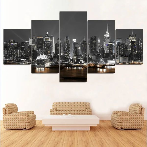 5 paneles de pintura en lienzo, arte de pared, imágenes de paisajes de construcción de la ciudad de Nueva York, impresiones, póster de paisaje con vista nocturna, decoración del hogar