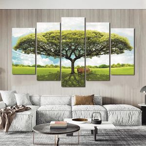 5 paneles verde amarillo rojo árbol carteles estampados de bosque pintura de lona arte de la pared para la sala de estar Paisaje Imágenes Decoración del hogar