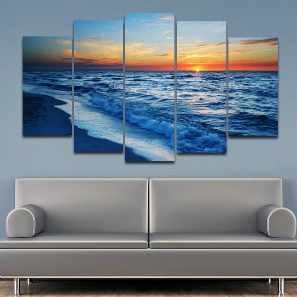 5 paneles/juego de pintura en lienzo, pintura de amanecer y paisaje marino, imágenes artísticas de pared para sala de estar, decoración del hogar, impresiones en lienzo