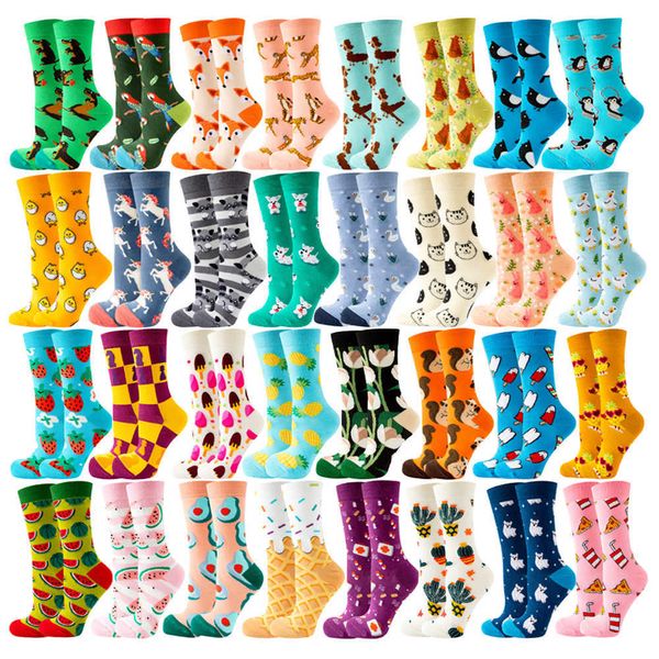 5 PC Calcetines Calcetería Otoño e Invierno Nuevos calcetines divertidos para mujeres Calcetines de animales Planta Fruta Kawaii Lindos calcetines de moda Harajuku Medias Venta caliente Z0419