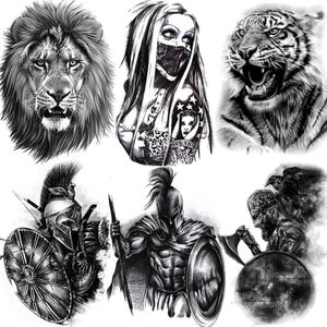 5 PC Tijdelijke tatoeages Afrika Serengeti Lion Tijdelijke tattoo Black Indian Warrior Waterdichte flash Tattoo Sticker Tribal Mighty Tiger Tatoo Men Women Z0403