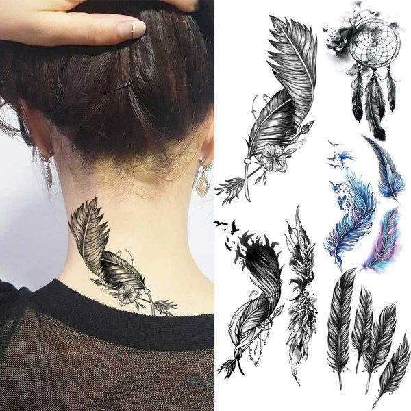 5 PC Tatuajes temporales Pluma negra Cuello Tatuajes temporales para mujeres Adulto Dream Catcher Wings Tatuaje falso realista Impermeable Body Art Tatoos Calcomanía Z0403