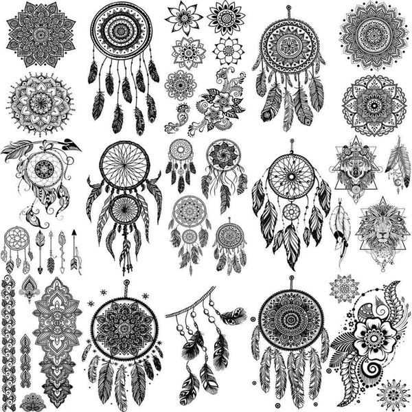 5 PC Tatuajes temporales Mandala negra Atrapasueños Tatuajes temporales para mujeres Niñas adultas Cuello Flecha Tatoo Pluma Realista Tatuaje falso Etiqueta pequeña Z0403