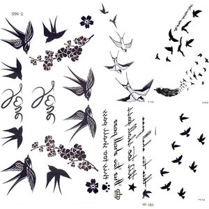 5 PC Temporary Tattoos Cute Swallow Bird Feather Temporary Stickers Flower Branch Letter Water Transfer Tattoo Women Body Chest Arm Art Tattoo Men Hand Z0403