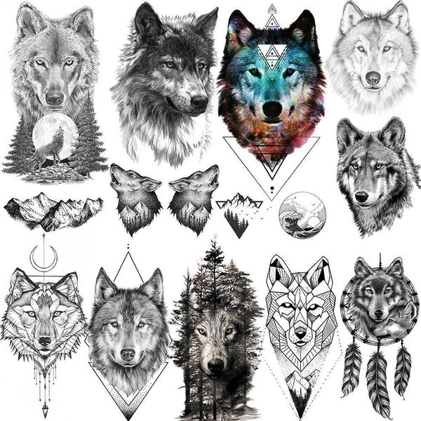 5 PC Tatouages Temporaires Loup Féroce Tatouages Temporaires Pour Hommes Réaliste Coyote Géométrique Tatoo Montagne Dreamcatcher Forêt Faux Tatouage Étanche Z0403