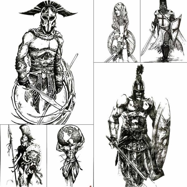 5 PC tatuajes temporales grandes Cool Spartan Warrior tatuajes temporales para hombres niños antiguo gladiador falso impermeable brazo grande tatuaje pegatinas Ares Mars Z0403