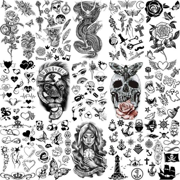 5 pc tatuajes temporales ancla pirata tatuajes de flores rosas para mujeres adultas skull dragon serpiente falso tatuaje de tatuaje tatoos pequeños z0403