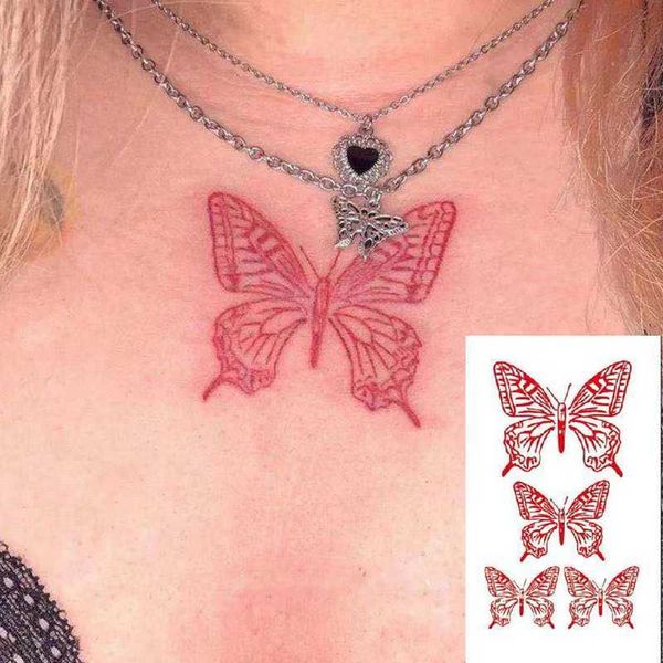 5 PC Tatuajes Temporales Mariposa Roja Tatuajes Temporales Impermeable Colorido Brazo Muñeca Pecho Falso Tatto Pegatinas Para Mujeres Grils Flash Calcomanías Tatoos Z0403