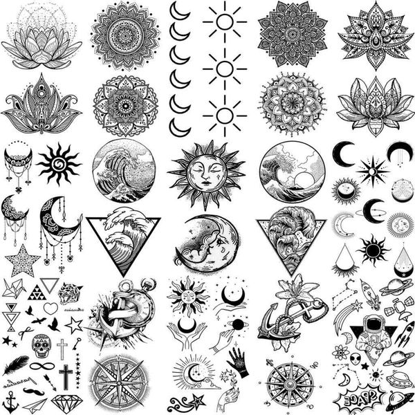 5 pc tatuajes temporales pequeños tejido marino estrella luna solar tatuajes temporales para mujeres hombres adultos mandala lotus ancla geometría mar tatuaje falso tatoos z0403