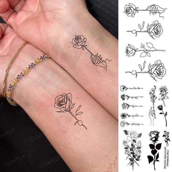 5 PC Tatuajes temporales Etiqueta engomada del tatuaje temporal a prueba de agua Pequeño Mini ramo de rosas Lineal Negro Tatuaje falso Brazo Mano Tatuaje Hombre Mujer Niño Brillo Tato Z0403