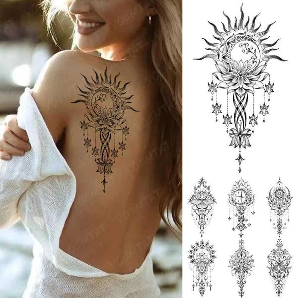 5 PC Tatuajes Temporales Impermeable Etiqueta Engomada Del Tatuaje Temporal Luna Sol Mandala Mehndi Lotus Henna Totem Flash Tatto Mujeres Hombres Espalda Arte Corporal Tatuajes Falsos Z0403