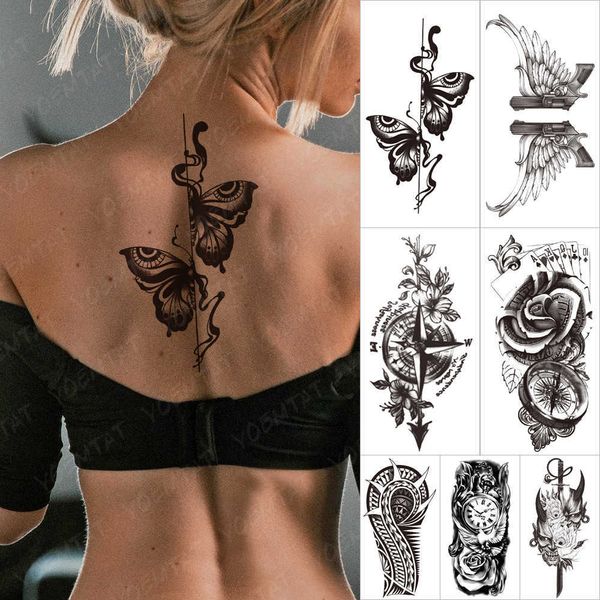 5 PC Tatouages Temporaires Étanche Tatouage Temporaire Autocollant Old School Moth Papillon Tatto Boussole Fleurs Aile Horloge Body Art Bras Faux Manches Tatoo Z0403