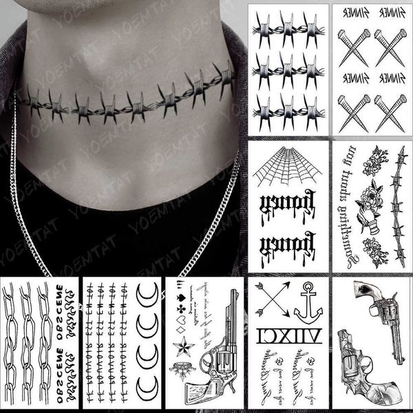 5 PC Tatuajes temporales Etiqueta engomada del tatuaje temporal a prueba de agua Collar de espina de alambre Flash Tatto Hombres Pecador Pistola Telaraña Muñeca Arte corporal Tatuaje falso Mujeres Cool Z0403