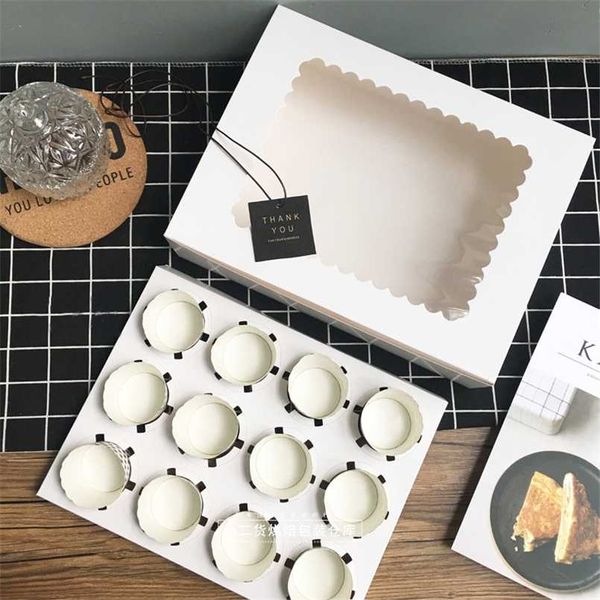 Caja de 5 uds para cupcakes con ventana, cajas de papel kraft marrón blanco, caja de mousse de postre, 12 portavasos para pasteles, mayoristas personalizados 211108