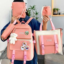 5 pc's kawaii canvas schooltas voor tienermeisjes college schattige rugzak portemonnee grote capaciteit satchel student shopper rucksack 2023 230223