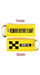 5 stks/partij Remove Before Flight Follow Me Geel Sleutelhanger Sieraden Borduren Veiligheid Llavero Mode Sleutelhanger3656612