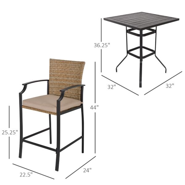 Ensemble de chaise de table en osier en rotin de 5 PCS, chaises de 4 bar et 1 table de bar supérieur à grains en bois, marron mélangé