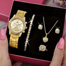 5 PCS Set Gold Watch Femmes Collier de bague de luxe Boucles d'oreilles Rigiane Fashion Wristwatch Female Westies Casual Wests Bracelet Set 240522