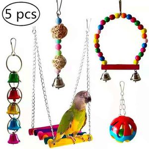 Balançoire en bois naturel 5 pièces/ensemble, Cage colorée, jouets suspendus avec cloches, perruches, perroquets, fournitures pour oiseaux