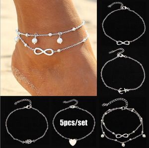 5 stks / set zilver goud strand enkelstoffen armband hamsa hand infinity liefde hart anklet zomer vakantie voet ketting sieraden set