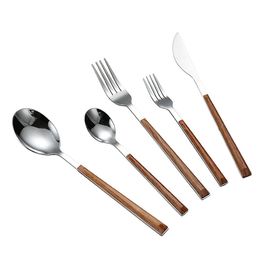 5 -pc's/Set Wood Grain roestvrij staalgoed servies set tafelwerk mes vork lepel theelepel bestek set servies