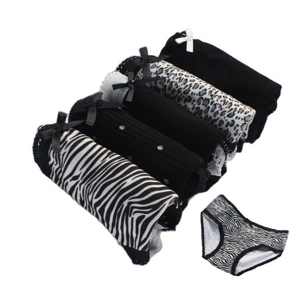 5 PCS Sexy Black Zebra Leopard Print Ropa interior de mujer Chica Soft Bow Briefs Bragas lindas para mujer Lencería Kawaii de alta calidad 220512