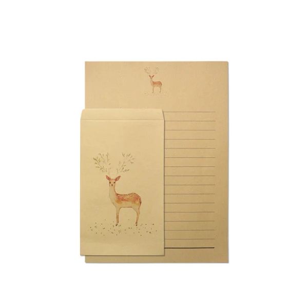 5 PCS Papier de papeterie d'écriture de cerfs animaux vintage avec enveloppes Set Retro Kraft Writing Paper Vintage Letter Paper Ensemble