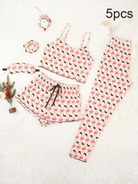 5 PCS FEMPS PAJAMA Set Sans manches Laitue TRIME TOP HORTS PRINTS FULLERGLENGNE PANTS FEMMES VOIRS VOITURES HOMWAER 240410