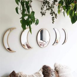 5 pièces en bois acrylique lune mur décoratif miroir lune Cycle Variation décoratif mur miroir créatif bohème miroir 240127