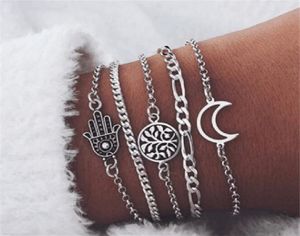 5 pièces ensemble de bracelets de mode argent creux main feuilles lune bracelets pour femmes bijoux plage fête amis cadeau 7679165