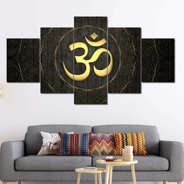 5 pièces Black Gold Om Buddhist Symbol Toile imprimés Affiche et imprimés religieux traditionnels pour décoration de salon sans cadre