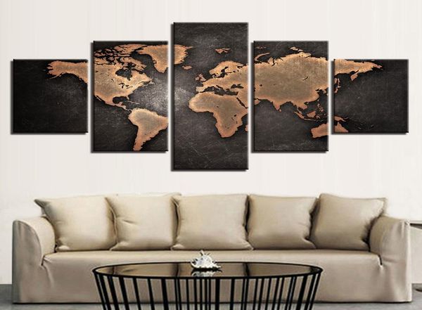 5 pièces toile art grande carte rétro carte du monde doré affiche et impression toile peinture photo mur art pour salon décor à la maison 8722319