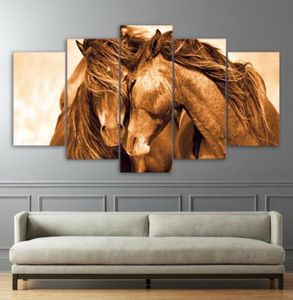 Toile 5 pièces Art Red Horse Couple Affiches Toile moderne PEINTURE MUR PICHES POUR LE SOIR 5412116