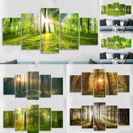 5 pièces Forest Toile peinture mural Affiches et imprimés Affiches et imprimés Sunshine à travers les arbres Pictures Wall Art Living Room