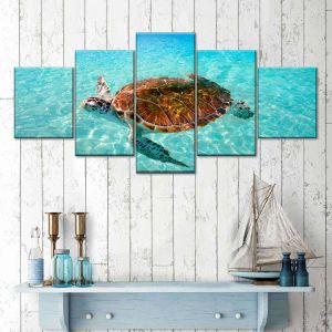 5 Stuk Groene Zeeschildpad Zwemt Onderwater Muur Foto Canvas Schilderij Oceaan Zeeleven Dier Posters voor Woonkamer Decor