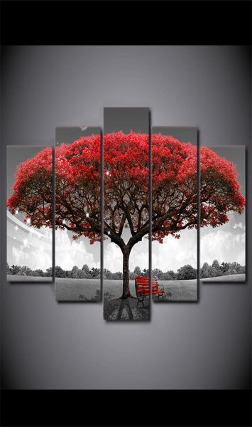 5 pièces HD Toile imprimée Art noir et blanc Red Tree Painting Mur Pictures pour le salon