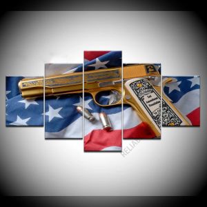 5 -delige moderne gouden pistool op American Flag Canvas Painting Bullet Pistol HD Pictures Wall Art for Living Room Home Decoratie