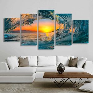 Toile de peinture murale avec vagues d'océan, 5 pièces, affiches et imprimés de paysage de coucher de soleil, pour décor de salon, Cuadros