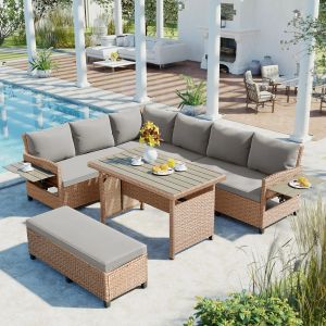 5-delige buitenpatio rattan meubels set L-vormige rieten sectionele bank voor tuin achtertuin en zwembadside