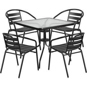 Juego de comedor de patio de 5 piezas con mesa de metal de vidrio cuadrada de 31.5 