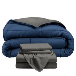 Bed-in-a-Bag reversible de 5 piezas, tamaño Queen, edredón azul gris oscuro con juego de sábanas grises