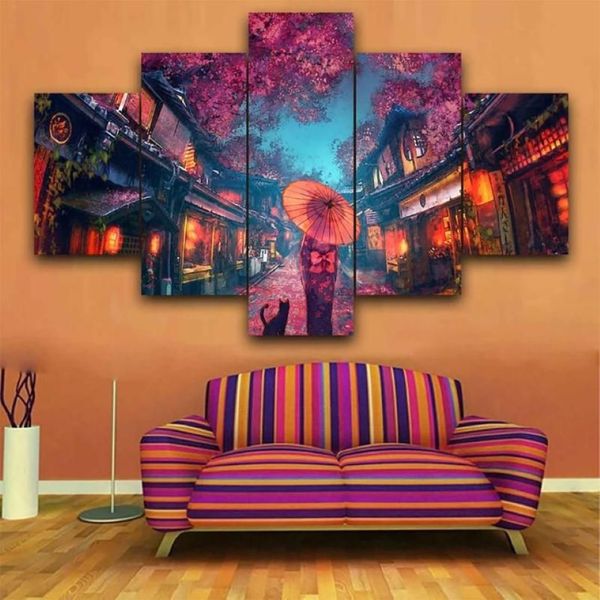 5 piezas de arte de pared lienzo estilos de anime japonés kimono chica decoración del hogar cuadros modulares decoración moderna de la sala de estar pinturas 2582