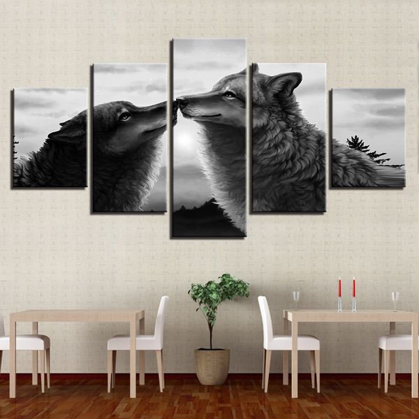 5 pièces 2 bouche à bouche loup sauvage affiches modulaire toile HD imprime peintures mur Art photos décor à la maison pas encadré