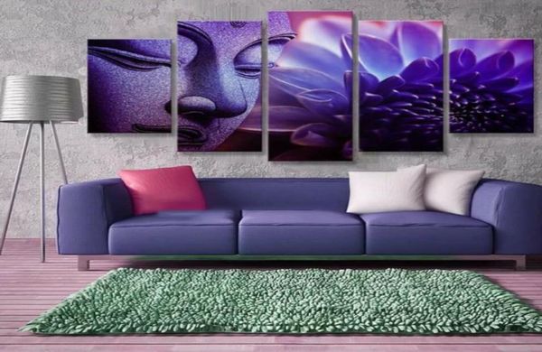 5 piezas Abstract Purple Lotus Flow Buddha Pintura de impresión Decoración de la pared del hogar para la cocina sin marco4858829