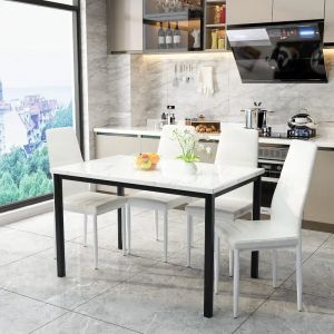 Ensemble de table à manger 5 pièces, ensemble de table de cuisine avec table supérieure en marbre en faux et 4 chaises rembourrées en cuir en faux pour cuisine,